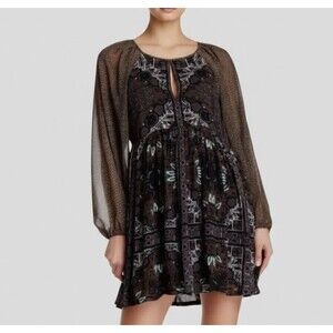 Free People Oksana Mini Dress Women 8 Brown Bohemian Chiffon Sleeves Retro Print